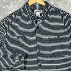 Duluth Trading Co Mens XL Tall Relaxed Fit Navy Blue White Striped Cotton Shirt